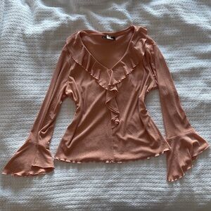 Y2K Vintage Fairycore Sheer Peach Flared Long Sleeve Ruffle Top Blouse Large
